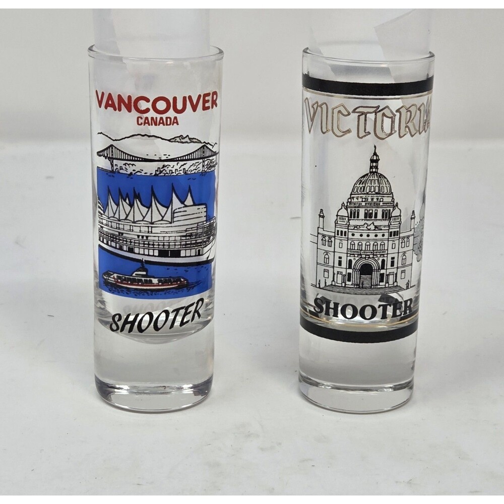 Vintage Vancouver Victoria BC Canada Souvenir Tall Shooter Shot Glass Set 2 Pair